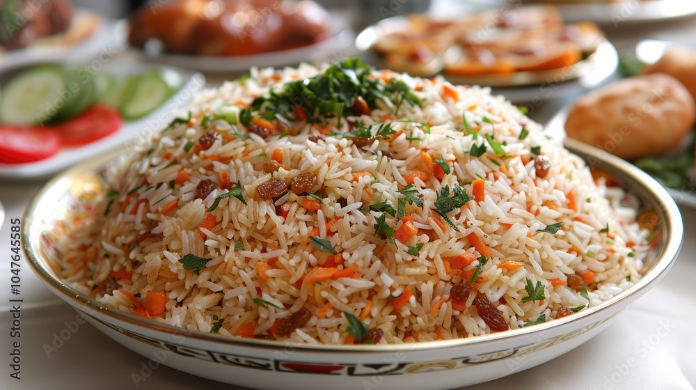 Delicious plate of fragrant rice with vegetables and herbs served at a festive gathering Delicious plate of fragrant rice with vegetables and herbs served at a festive gathering