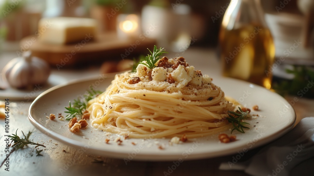 Indulgent spaghetti cremeux aux trois fromages served in a sunlit kitchen with soft lighting and elegant garnishes during daytime Indulgent spaghetti cremeux aux trois fromages served in a sunlit kitchen with soft lighting and elegant garnishes during daytime