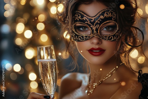 Elegant woman in a black mask holds a champagne glass at a festive celebratio...