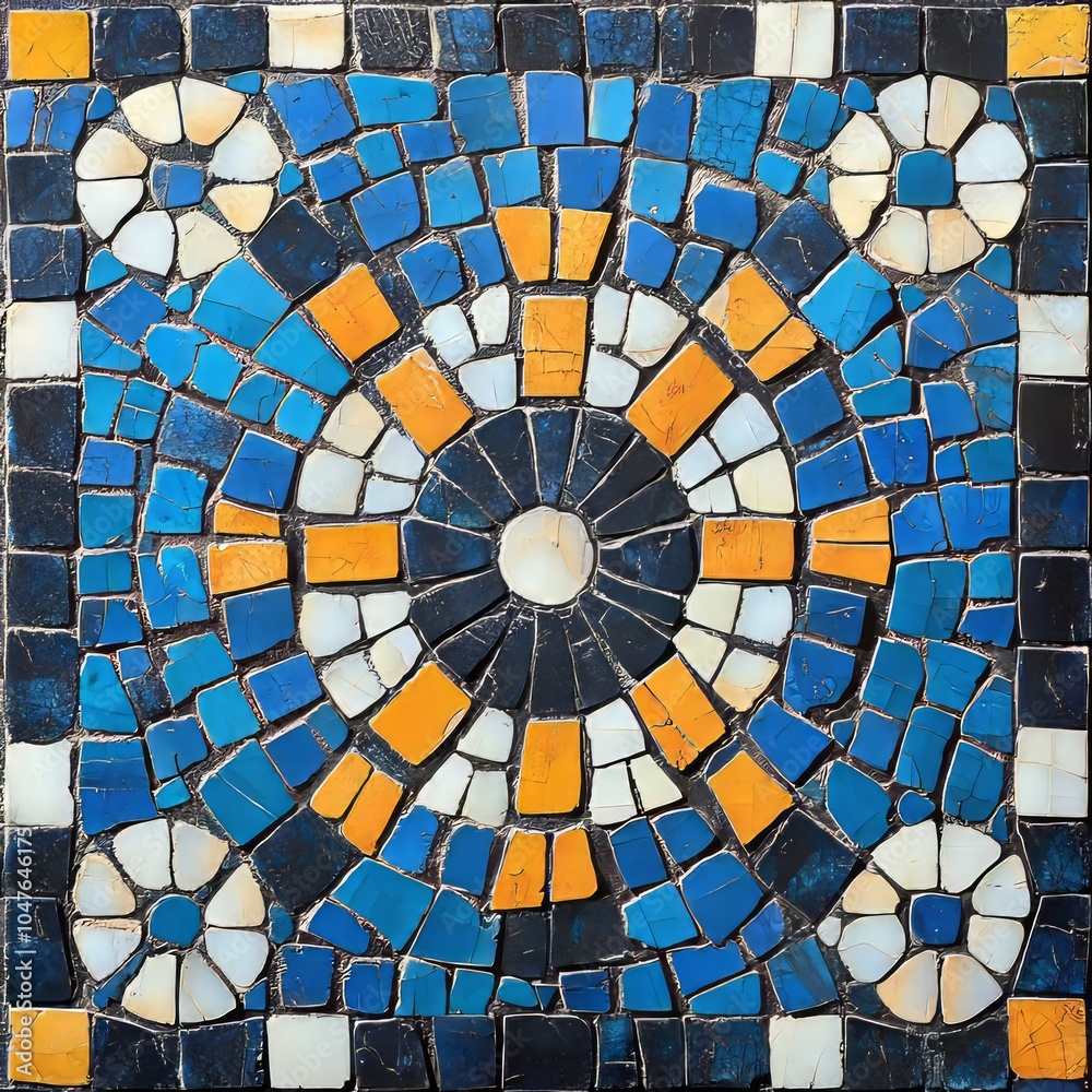 Fototapeta premium Blue, orange, and white mosaic tile pattern.