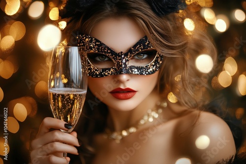 Elegant woman in a black mask holds a champagne glass at a festive celebratio...
