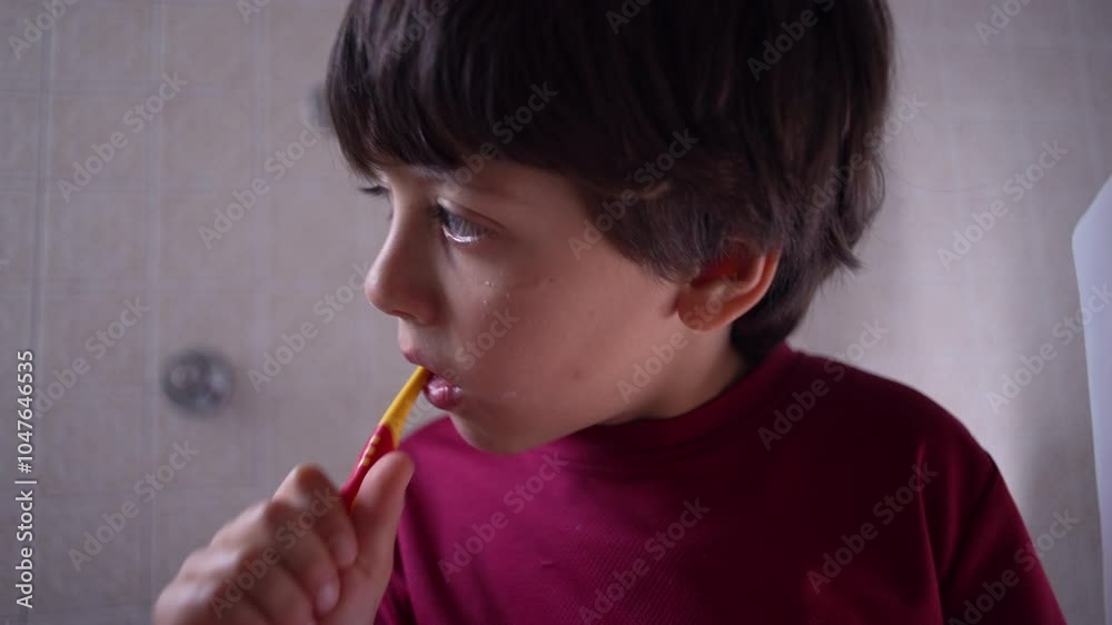 Boy brushing teeth in bathroom, looking to the side, everyday routine, close-up view, dental care in progress, thoughtful expression, simple home setting Boy brushing teeth in bathroom, looking to the side, everyday routine, close-up view, dental care in progress, thoughtful expression, simple home setting