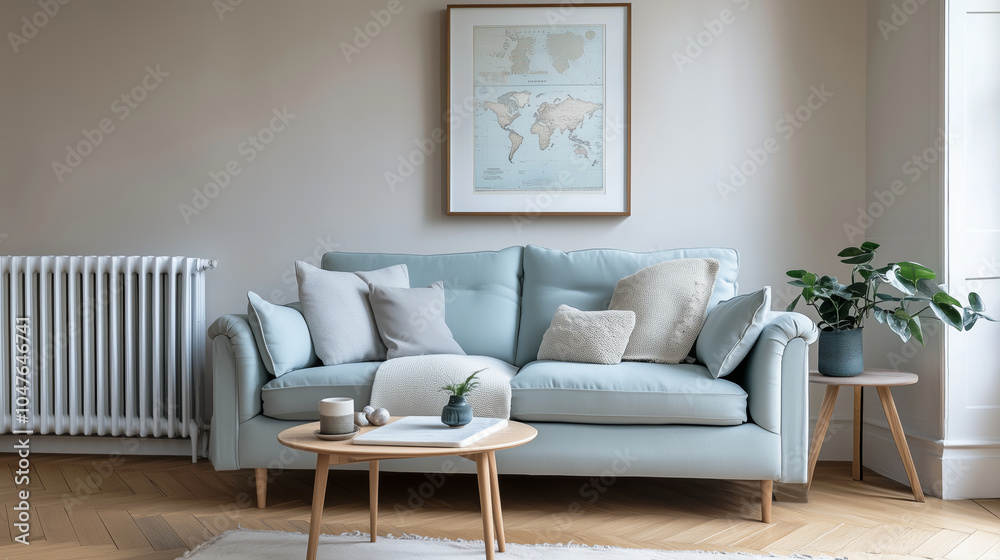 Fototapeta premium Minimalist interior design of modern living room with light blue sofa and wall map 