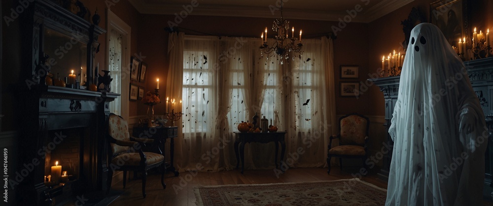 Haunting Presence: A ghostly figure stands in a dimly lit room, shrouded in white, with flickering candlelight creating an eerie atmosphere. The room is decorated with classic Halloween elements. Haunting Presence: A ghostly figure stands in a dimly lit room, shrouded in white, with flickering candlelight creating an eerie atmosphere. The room is decorated with classic Halloween elements.