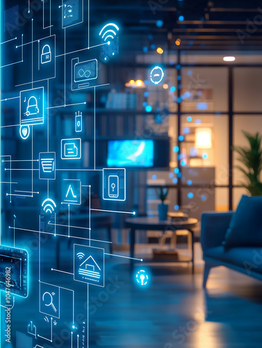 Smart Home Technology Visualization: Holographic Displays & Touch-Screen Icons in a Modern Open-Plan Living Room for Seamless Connectivity