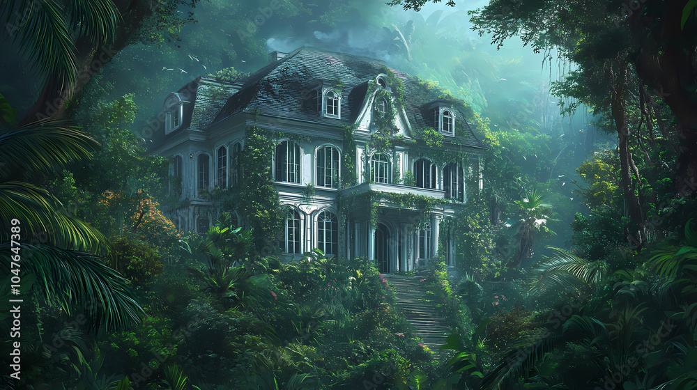 Serene mansion amidst lush greenery. Rainforest Canopy. Illustration