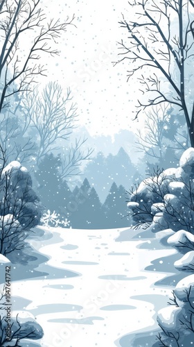 A serene winter landscape with snow covered trees and a peaceful pathway in a...
