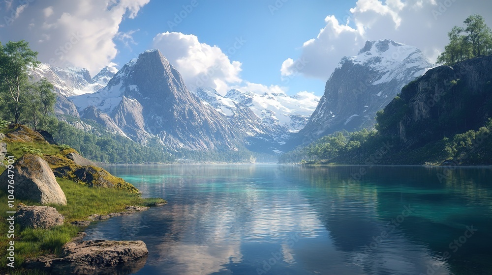 A majestic view of a glacier-fed lake surrounded by snow-capped mountains, with the clear water reflecting the sky. A majestic view of a glacier-fed lake surrounded by snow-capped mountains, with the clear water reflecting the sky.