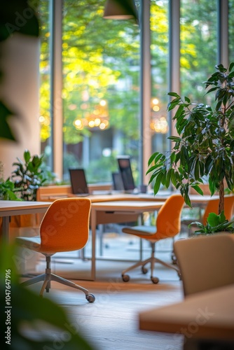 Bright and inviting workspace with plants and wooden chairs in the afternoon sun