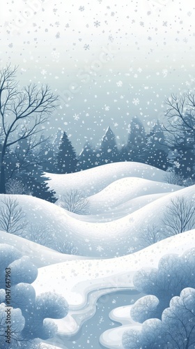 A serene winter landscape with snow covered trees and a peaceful pathway in a...