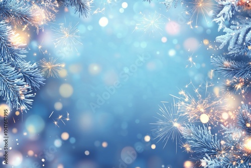 Beautiful winter background with sparkling lights and frosty branches during ...