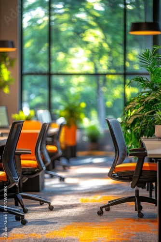 Bright and inviting workspace with plants and wooden chairs in the afternoon sun