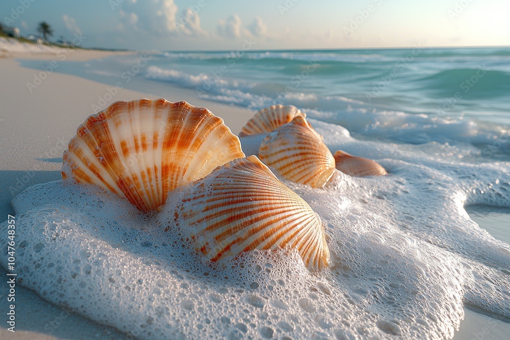 Seashells Resting on a Foamy Beach at Sunset Seashells Resting on a Foamy Beach at Sunset
