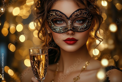 Elegant woman in a black mask holds a champagne glass at a festive celebratio...