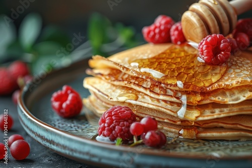 A plate of traditional Russian pancakes, oladyi, served with honey and fresh berries.  photo