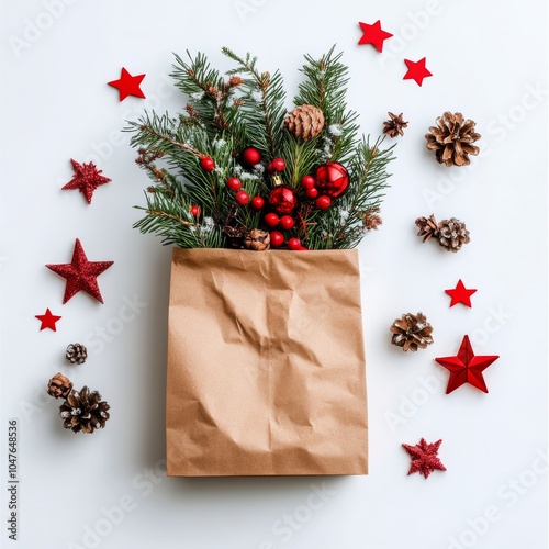 Festive brown bag filled with pine branches, red ornaments, and pinecones for...