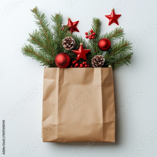 Festive brown bag filled with pine branches, red ornaments, and pinecones for...