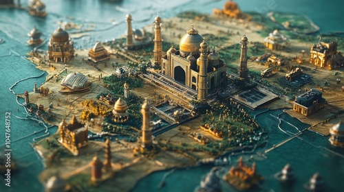 A conceptual map of India with highlighted cultural icons and landmarks, presented in a modern artistic style.