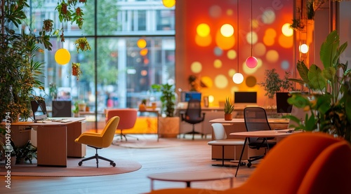 Modern office interior with bright decor and vibrant lighting during daytime