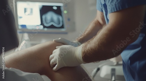 Wallpaper Mural Close up of doctor conducting ultrasound exam on knee joint for diagnostic evaluation Torontodigital.ca