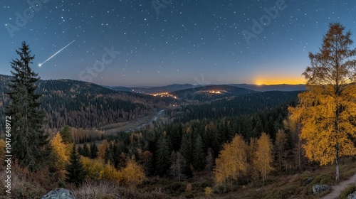 A breathtaking display of the night sky captures a comet shining brightly over an autumn forest filled with stars and vivid colors