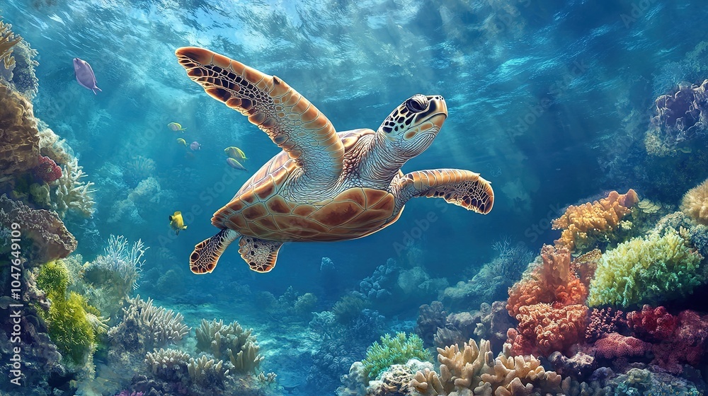 Fototapeta premium A marine turtle swimming gracefully in a coral reef, its natural habitat filled with vibrant marine life.