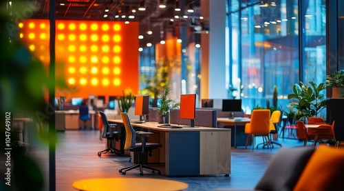 Modern office interior with bright decor and vibrant lighting during daytime