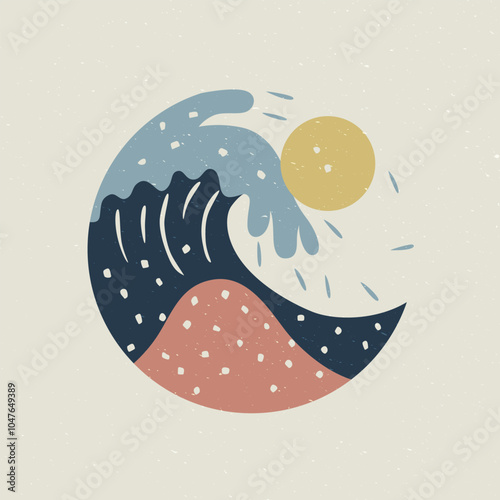 Abstract illustration of a blue wave, and yellow sun, enclosed in a circular frame on beige background