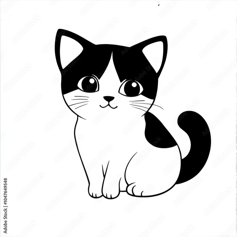 Obraz premium A charming black and white cat with big eyes and a playful expression awaits to be brought to life with vibrant colors. Perfect for both kids and adults seeking a creative outlet
