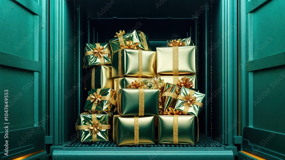 Luxurious gold-wrapped Christmas presents in delivery truck, festive holiday transportation scene