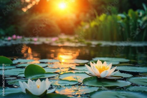 Lilly Pads at Sunset. Tranquil Background with Water Reflecting the Sky