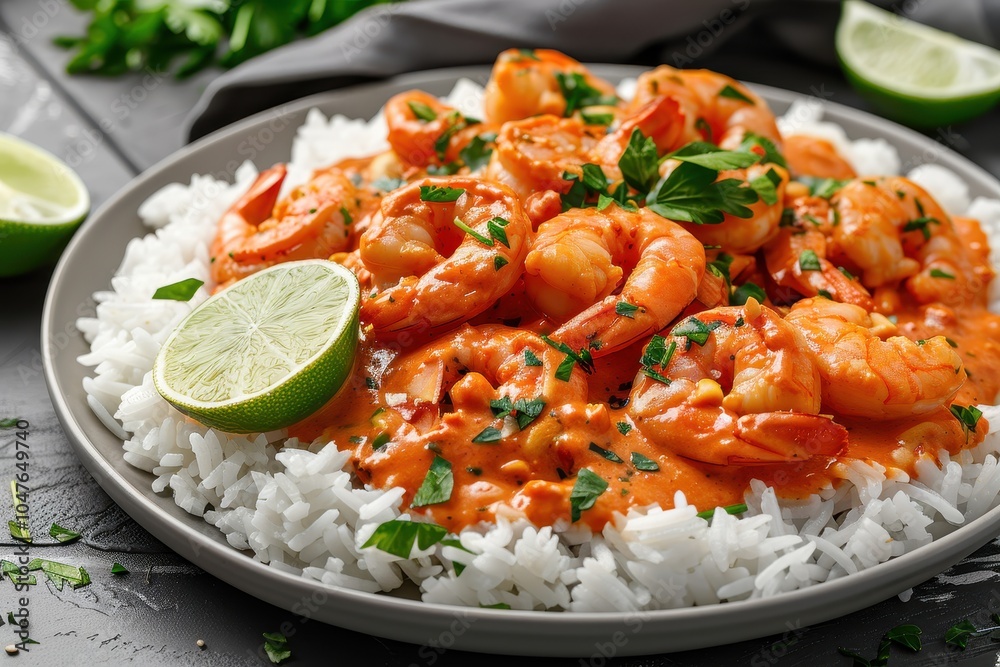 A plate of vatap a creamy shrimp and peanut dish served over white rice, garnished with fresh parsley and lime wedges A plate of vatap a creamy shrimp and peanut dish served over white rice, garnished with fresh parsley and lime wedges