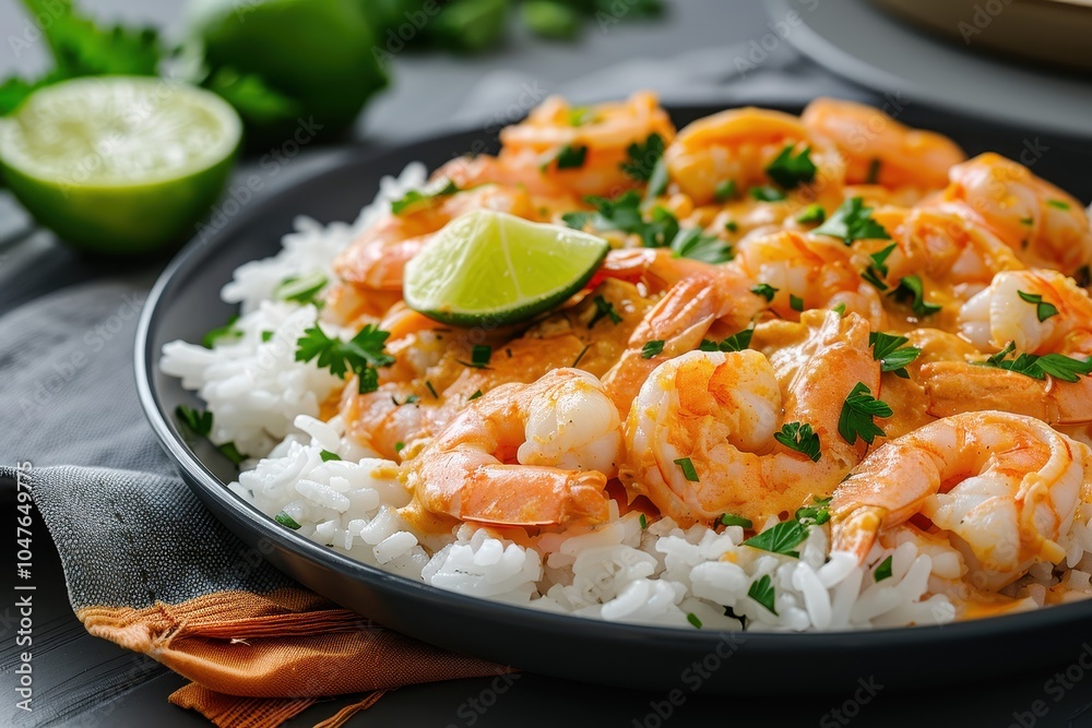 A plate of vatap a creamy shrimp and peanut dish served over white rice, garnished with fresh parsley and lime wedges A plate of vatap a creamy shrimp and peanut dish served over white rice, garnished with fresh parsley and lime wedges