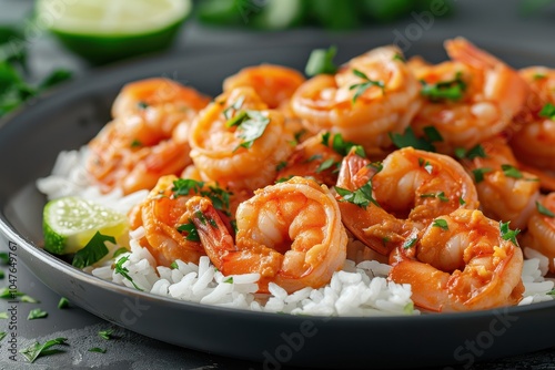 A plate of vatap a creamy shrimp and peanut dish served over white rice, garnished with fresh parsley and lime wedges photo