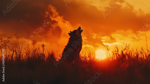 Lone Wolf - Howling at Sunset with Copy Space. Concept of Freedom and Solitude in Nature photo