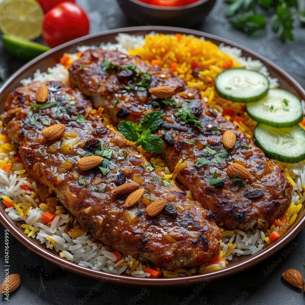 Delicious grilled kebabs served over fluffy rice with garnishes and vegetables in a vibrant setting Delicious grilled kebabs served over fluffy rice with garnishes and vegetables in a vibrant setting