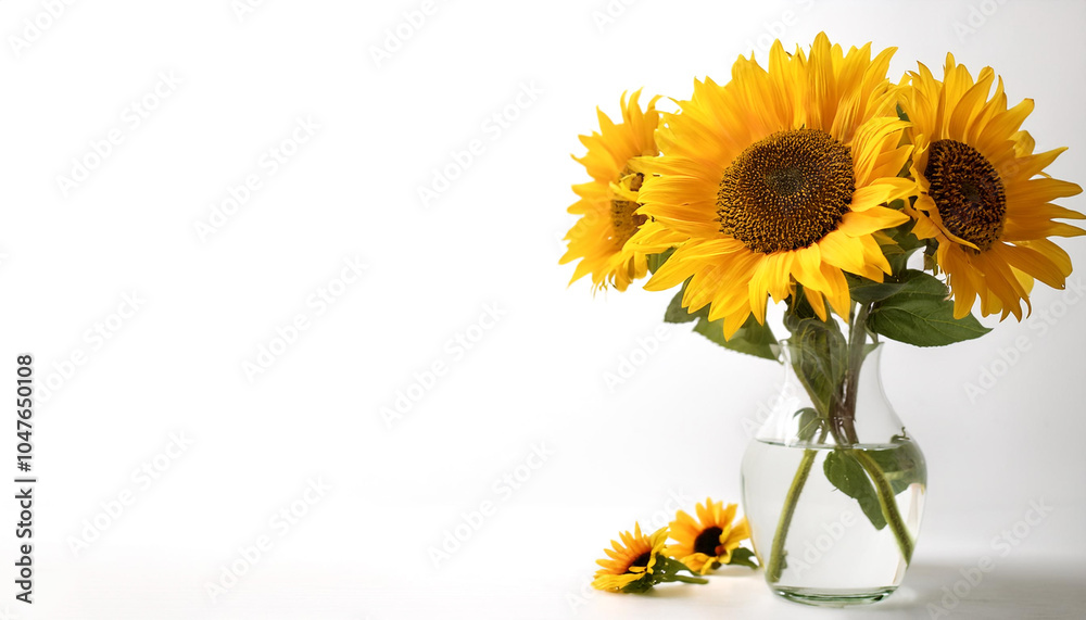 Naklejka premium Sunflowers in a vase on side position provides copy space for text. background concept isolated white