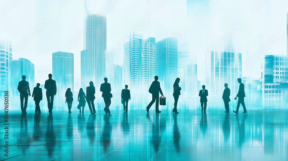 Fototapeta premium Silhouettes of diverse professionals in a modern urban landscape, conveying ambition.