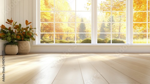 Looking through a white plastic window, vibrant autumn trees display their foliage against a modern urban backdrop