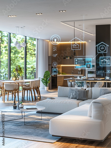 Smart Home Technology Visualization: Holographic Displays & Touch-Screen Icons in a Modern Open-Plan Living Room for Seamless Connectivity