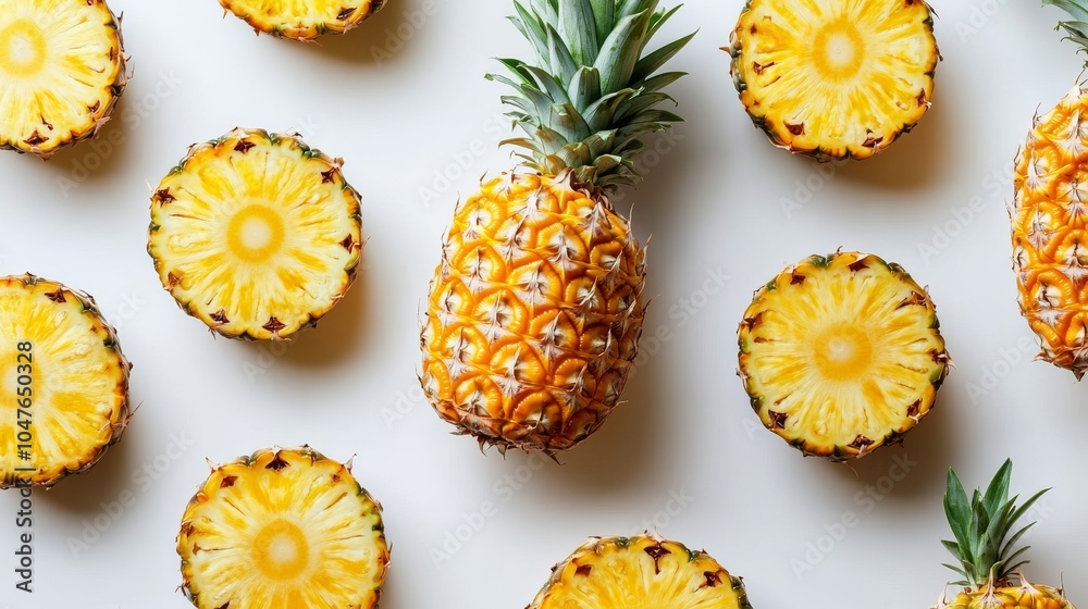 Fresh pineapples and their slices, artistically displayed on a white background, highlighting their vibrant yellow and green hues Fresh pineapples and their slices, artistically displayed on a white background, highlighting their vibrant yellow and green hues