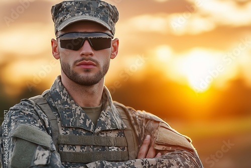 A confident soldier stands tall, arms crossed, wearing sunglasses as the sun sets in the background. photo