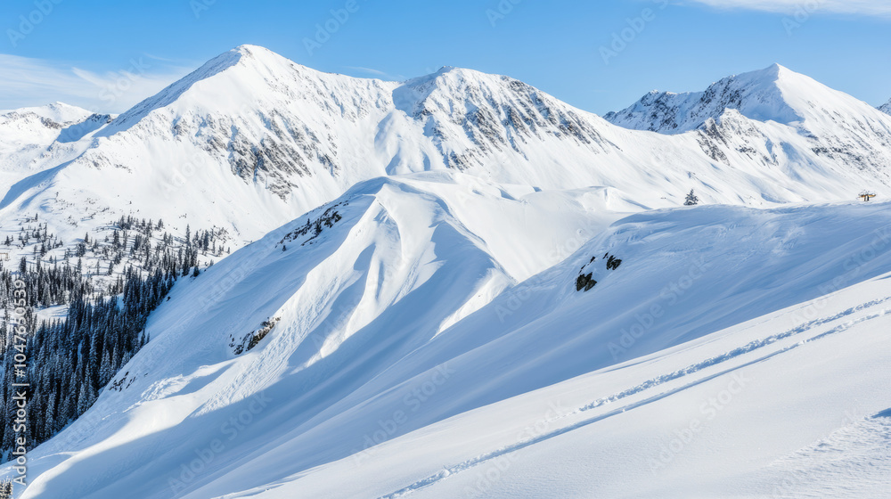 Obraz premium Snowy Mountain Majesty: Panoramic view of pristine snow-covered mountain peaks under a vibrant blue sky. A breathtaking winter wonderland scene. 