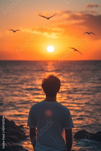 A serene sunset over the ocean with birds silhouetted against vibrant colors on the horizon.