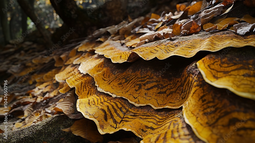 Yellow and brown dried leaves layered on the forest floor with intricate surface patterns Yellow and brown dried leaves layered on the forest floor with intricate surface patterns