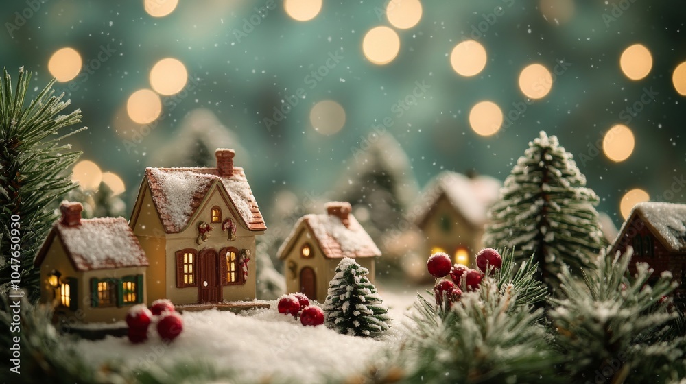 Green background with Christmas village: A charming green background featuring a snowy Christmas village, twinkling lights, and festive decorations Green background with Christmas village: A charming green background featuring a snowy Christmas village, twinkling lights, and festive decorations