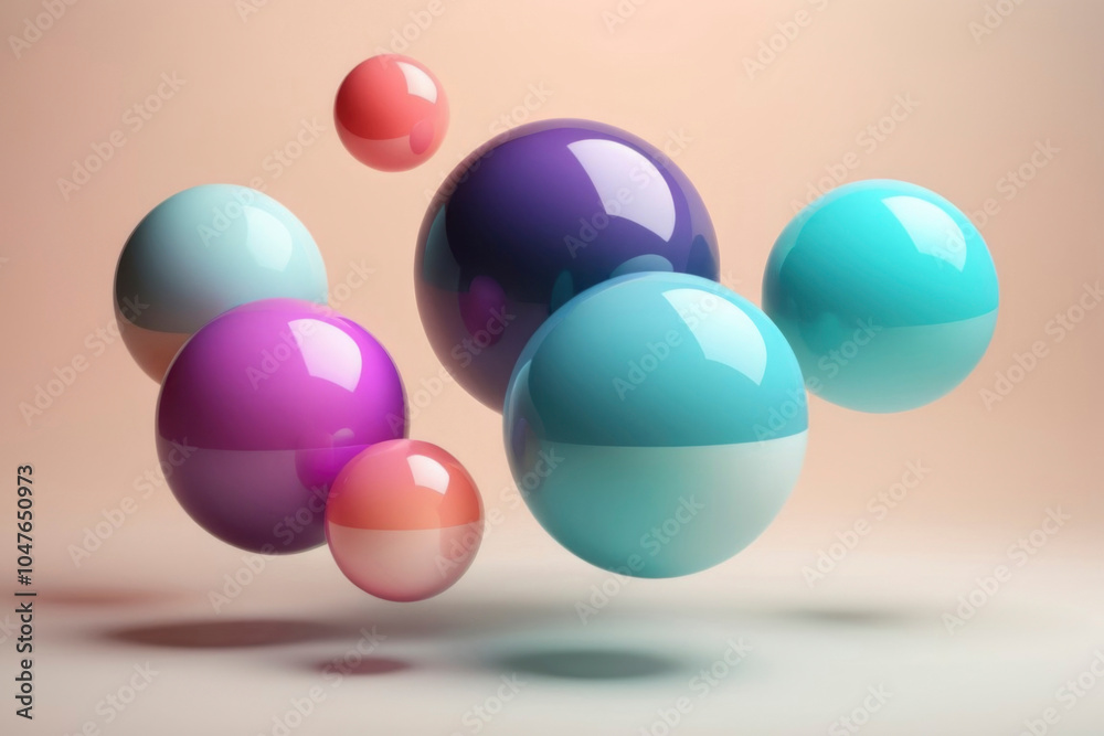 Abstract composition of colorful, glossy spheres floating in mid-air on soft, neutral background. Vibrant spheres in teal, purple, pink and coral tones. Sense of modernity, playfulness, and surrealism Abstract composition of colorful, glossy spheres floating in mid-air on soft, neutral background. Vibrant spheres in teal, purple, pink and coral tones. Sense of modernity, playfulness, and surrealism