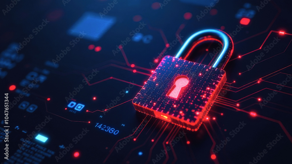 Fototapeta premium Red glowing padlock protecting digital data on futuristic circuit board