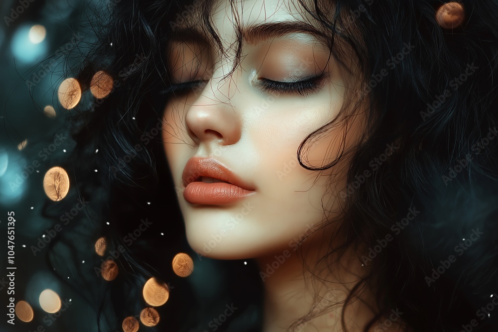 Naklejka premium A close-up portrait of an ethereal woman with curly hair and a dreamy expression, capturing delicate beauty and emotion.