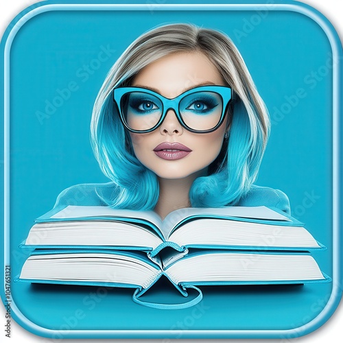 cartoon illustration of a blonde woman with glasses reading a book